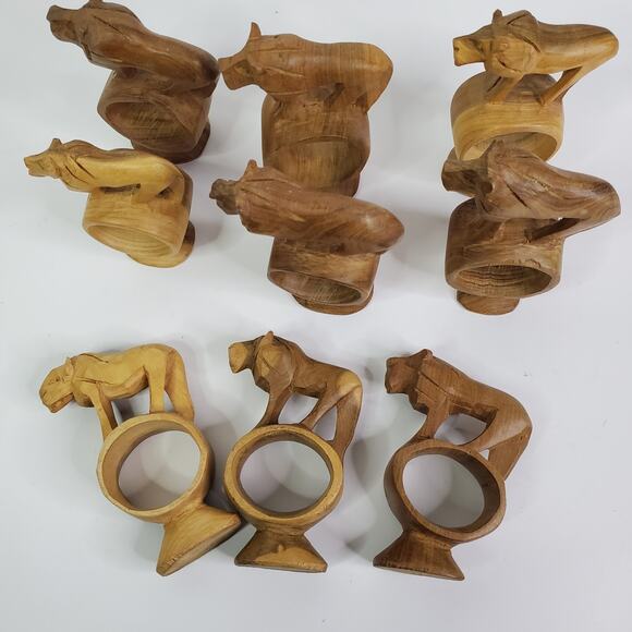 Handcrafted Wooden Lion Animal Napkin Rings Set of 9 Hand Carved in Kenya VTG - Picture 1 of 13